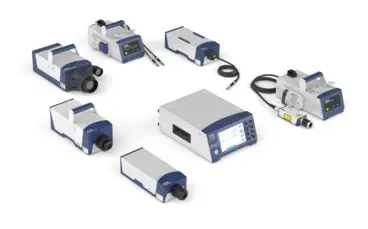 Polytec VibroFlex Produktfamilie mit dem Connect+ Front-End und Lasersensorköpfen für die berührungslose Schwingungsmessung.